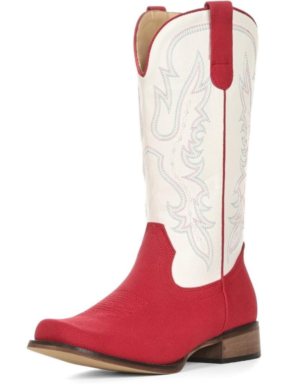 Women's Red & White Western Square Toe Mid Calf Embroidered Chunky Heel Boots